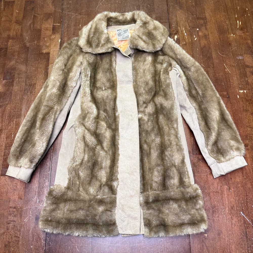 Vtg Lilli Ann Faux Fur Coat‎ Womens Small Tan Vintage Mixed Media Made in Israel